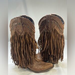Liberty Black Vegas Fringe Boots Brown Leather Studded Western Boho Size 9